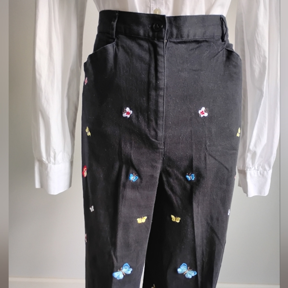 Talbots Vintage Cotton Stretch Garden Girl Embroidered Pants Butterfly Size 14 - Picture 1 of 14